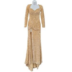 NWT Fitted Long Sleeve Sequin Gown with Leg Slit and Corset Back